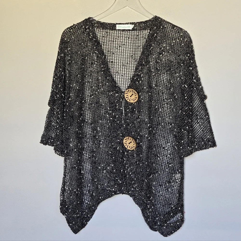 LULU-B Open Weave Mesh Cardigan Top Large Buttons Lagenlook Black Cream Size L